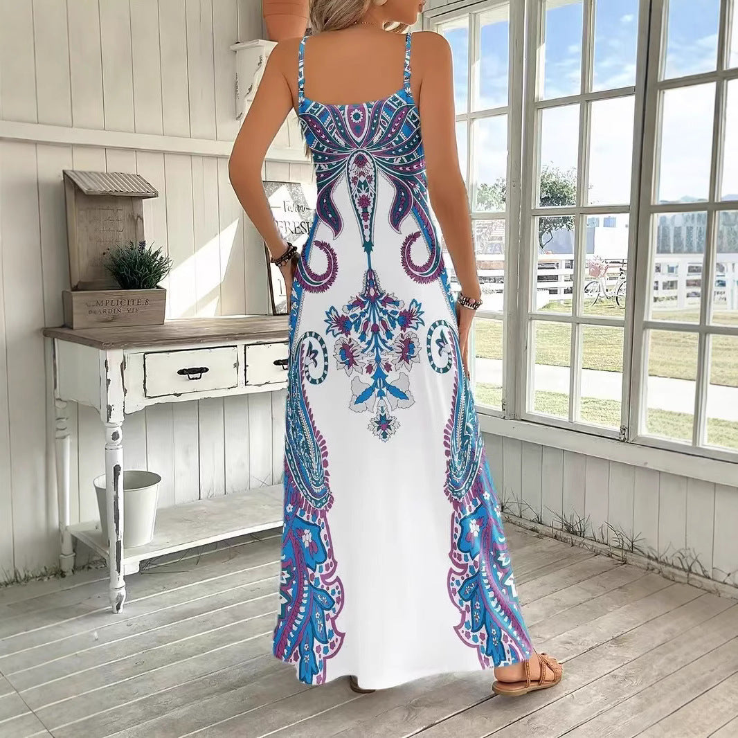 Literaire Stijl Retro Elegante Mouwloze Geometrisch-Print Maxi-jurk met V-hals en Spaghetti Bandjes voor Dames & Plus-size