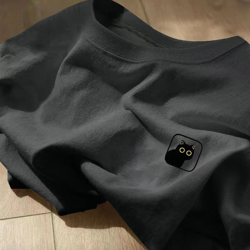 PURE NDY Street Hiphopstijl Eenvoudige Effen Kleur Oversized Casual Ronde Hals T-shirt met Black Cat-print en Korte Mouwen voor Heren & Jongens