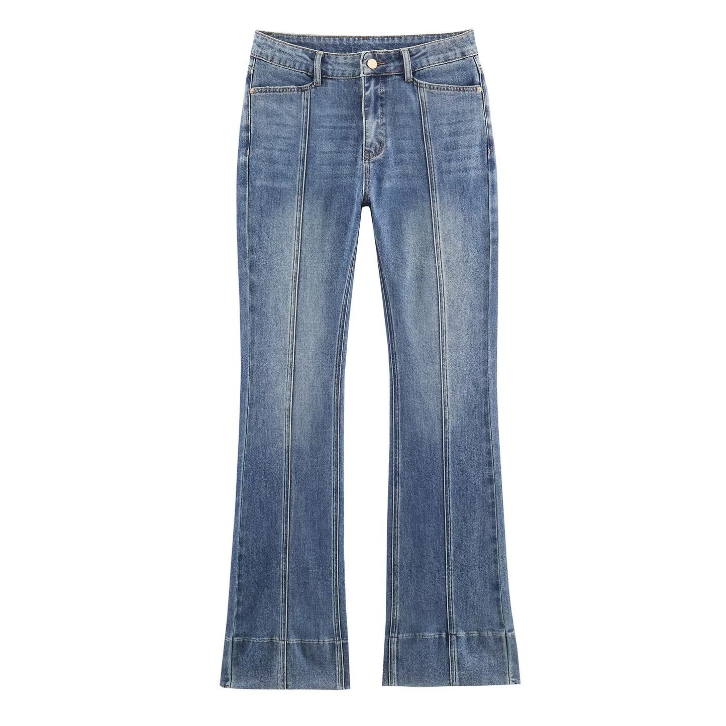 Trendy Klassieke Effen Kleur Casual Vintage Washed Flared Jeans met Middelhoge Taille en Knoopsluiting voor Dames & Meiden