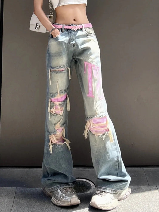 American Stijl Water Washed Hole Jeans voor Dames & Meiden