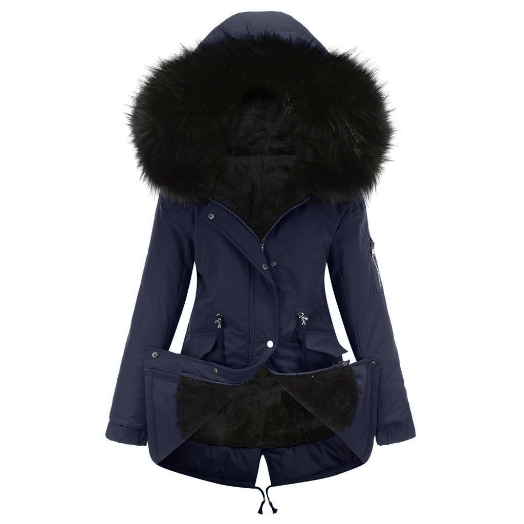 Casual Parka Katoenen Gewatteerde Middellange Winterjas met Bontkraag Capuchon en Ritssluiting voor Dames & Plus-size