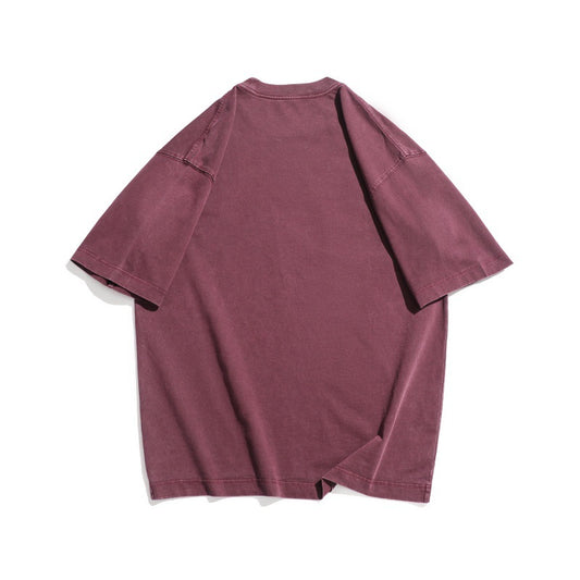 Trendy Retro Effen Kleur Oversized Washed Vintage Letterprint T-shirt met Ronde Hals en Korte Mouwen voor Unisex