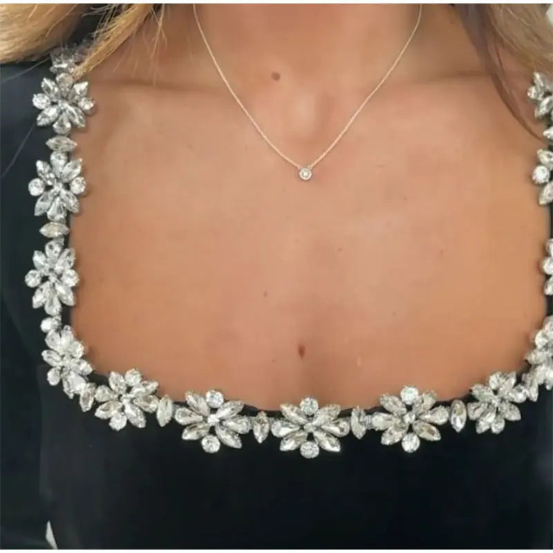 Kerstmis Designer Elegante Vierkante Hals met Rhinestone Bloemenmotief Kerst/Avondjurk van Fluweel voor Dames
