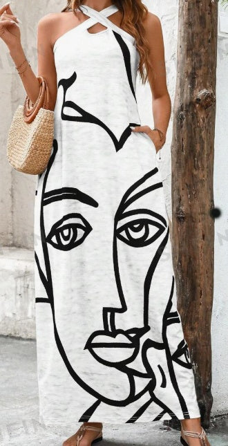 Casual/Elegante Mouwloze Abstractprint Halter Maxi-jurk met Gekruiste Hals en Zijzakken voor Dames & Plus-size