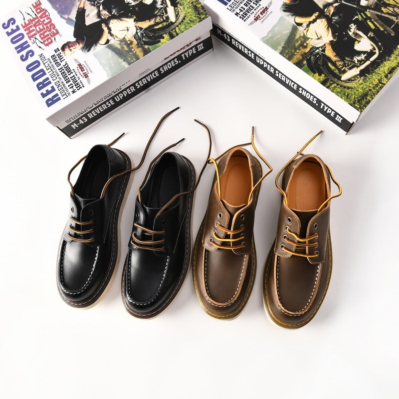 Amerikaanse Klassieke Casual/ Formele Retro Handgemaakte Platte Loafers van Echt Leer met Ronde Neus en Vetersluiting voor Heren