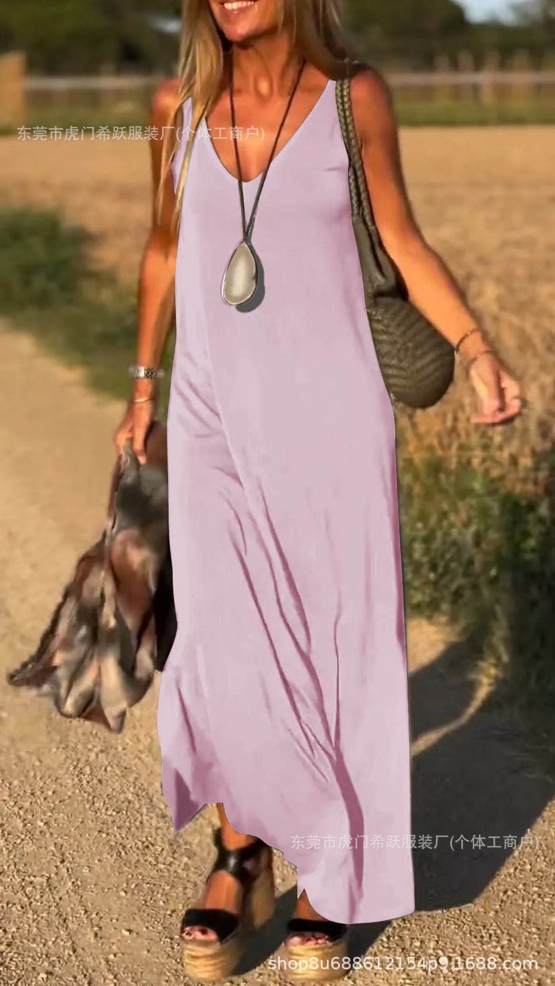 Trendy Casual Mouwloze V-hals Maxi-jurk in Effen Kleur Dames & Plus-size