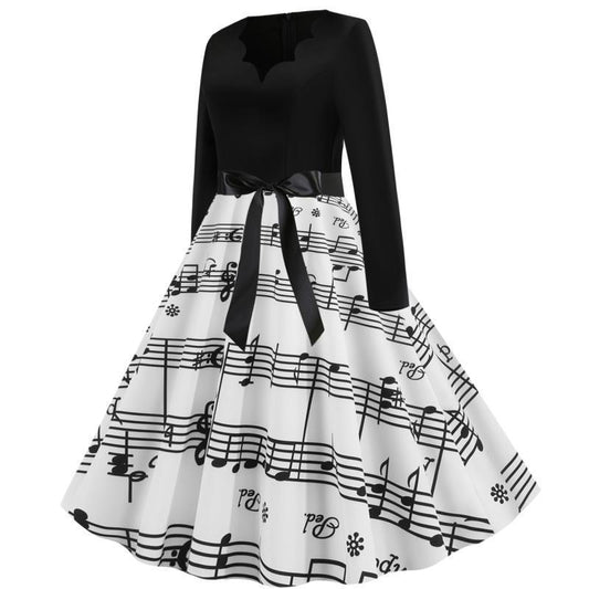 Hepburn Style Retro Elegante Cocktailjurk met Lange Mouwen en Muzieknoten-print voor Dames & Plus-size