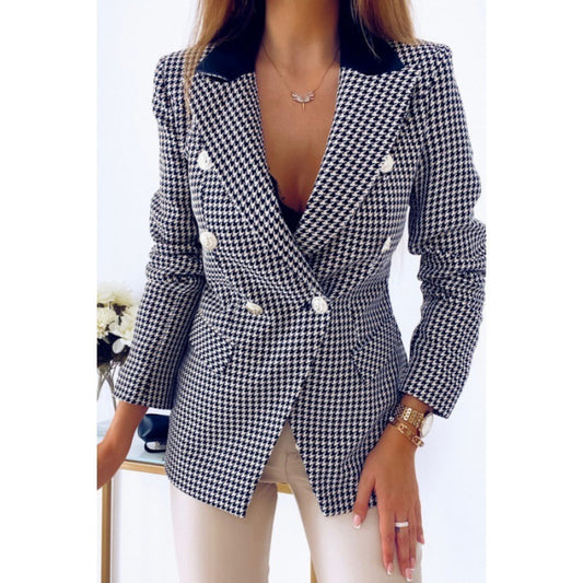 Temperament Pied-de-poule Blazer met Knoopsluiting en Zakken voor Dames & Plus-size