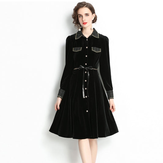 Franse Vintage Elegante Formeel/Feestjurk van Fluweel Opstaande Kraag en Plooien voor Dames & Plus-Size