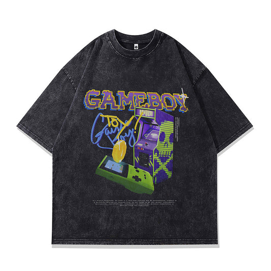 Stijlvolle Klassieke Effen Kleur Casual Vintage Ronde Hals T-shirt met Cartoonprint en Korte Mouwen voor Heren gewassen