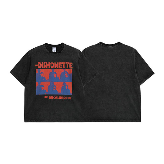 Retrostijl Klassieke Effen Kleur Washed Vintage Cartoonprint T-shirt met Ronde Hals en Korte Mouwen voor Unisex