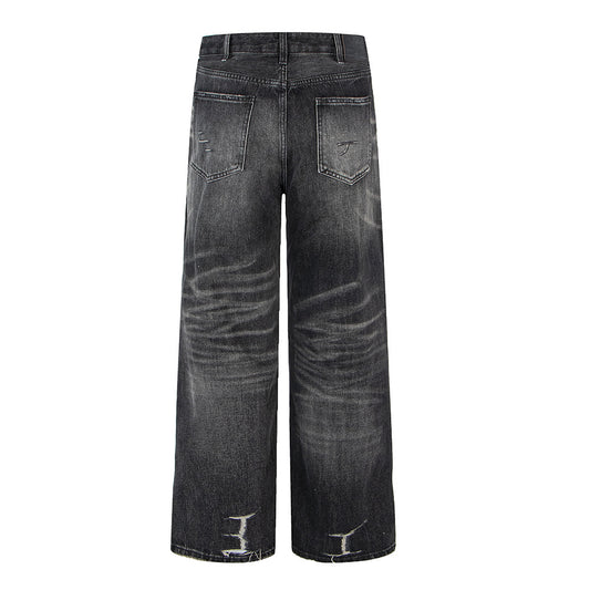 Modieuze Casual Effen Kleur Casual Vintage Washed Ripped Losse Denim Jeans met Rechte Pijpen voor Unisex