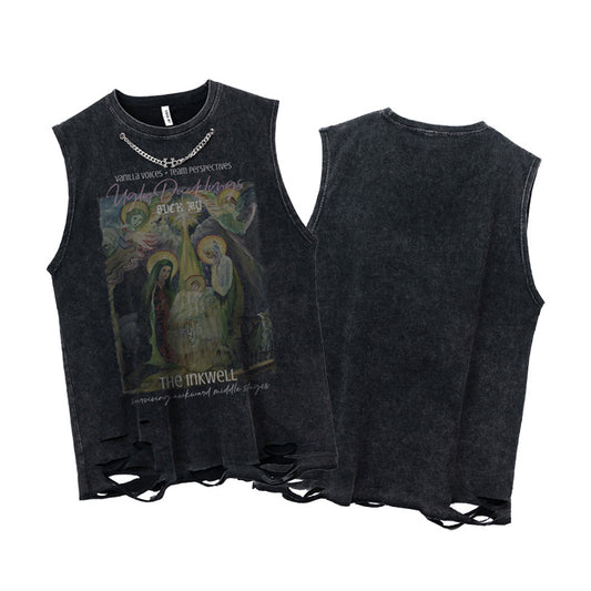 Stijlvolle Klassieke Effen Kleur Mouwloze Casual Vintage Washed Tanktop met Ronde Hals en Cartoon Print voor Heren & Jongens