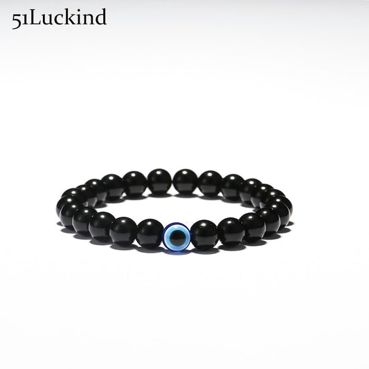 Trendy Effen Kleur Klassieke Turkse Boze-Oog (Nazar) Armband met Zwarte Natuurstenen (Obsidiaan) voor Heren