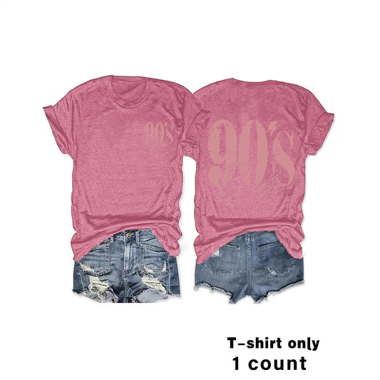 Eenvoudige Stijlvolle Effen Kleur Casual Ronde Hals T-shirt met Bedrukte Jaren 90 Print en Korte Mouwen voor Dames/Meiden & Plus-Size