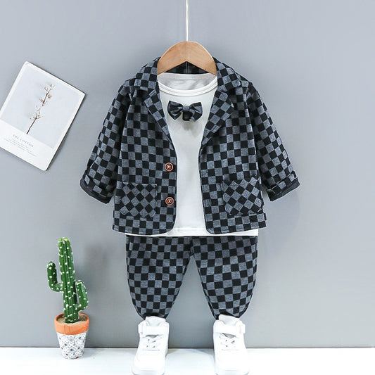 Trendy Kinderset Casual Kleurrijke Opstaande Kraag Geruite Blazertje en Longsleeve Shirt met Geborduurde Strikje en Bijpassende Geruite Pantalon voor Jongetjes