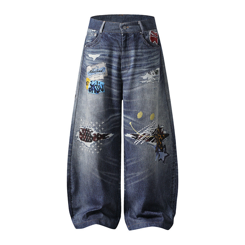 Trendy Stijlvolle Effen Kleur Casual Vintage Washed Denim Jeans met Geborduurde Patchwork en Wijde Rechte Pijpen voor Unisex