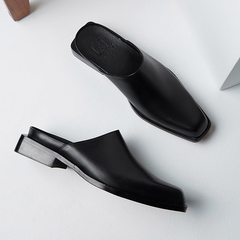 Modieuze Effen Kleur Casual Veelzijdige Slippers van Rundleer met Vierkante Neus en Open Achterkant met Lage Blokhak voor Heren