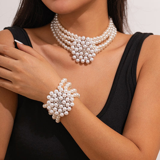 Franse Retro Patchwork Meerlaagse Chokerketting/ Kralenarmband van Imitatieparel met Verstelbare Sluiting voor Dames