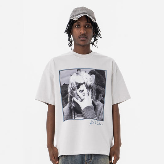 Moderne Effen Kleur Oversized Casual Vintage Ronde Hals T-shirt met Bedrukte Portretprint en Korte Mouwen voor Heren