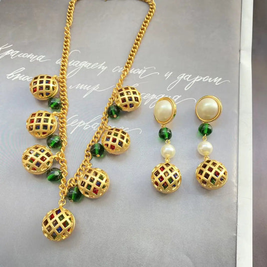 Klassieke Vintage Statement Birdcage Oorbellen/Halsketting/Set van Legering met Gekleurde Kralen Imitatieparels voor Dames