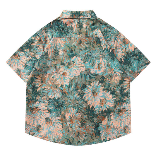 Trendy Klassieke Kleurrijke Oversized Retro Vintage Bloemenprint Overhemd met Opstaande Kraag en Korte Mouwen voor Heren