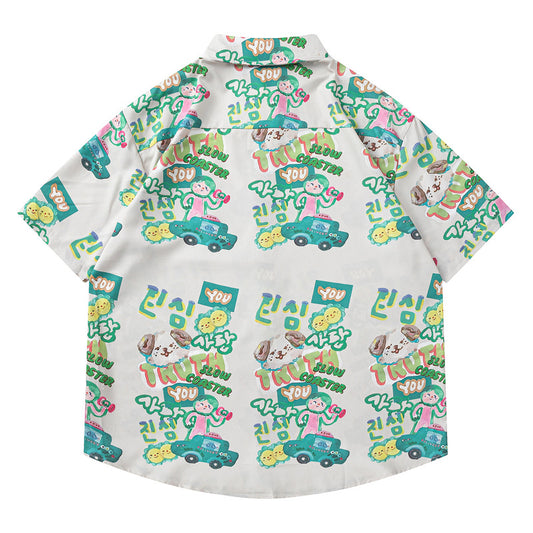 Cartoonprint Trendy Unieke Effen Kleur Casual Vintage Cartoonprint Overhemd met Opstaande Kraag en Korte Mouwen voor Heren