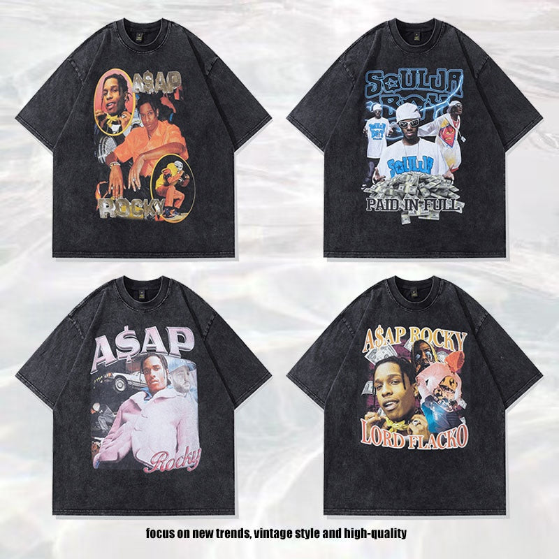 Modieuze Klassieke Effen Kleur Oversized Casual Vintage Washed Cartoonprint T-shirt met Ronde Hals en Korte Mouwen voor Heren & Jongens