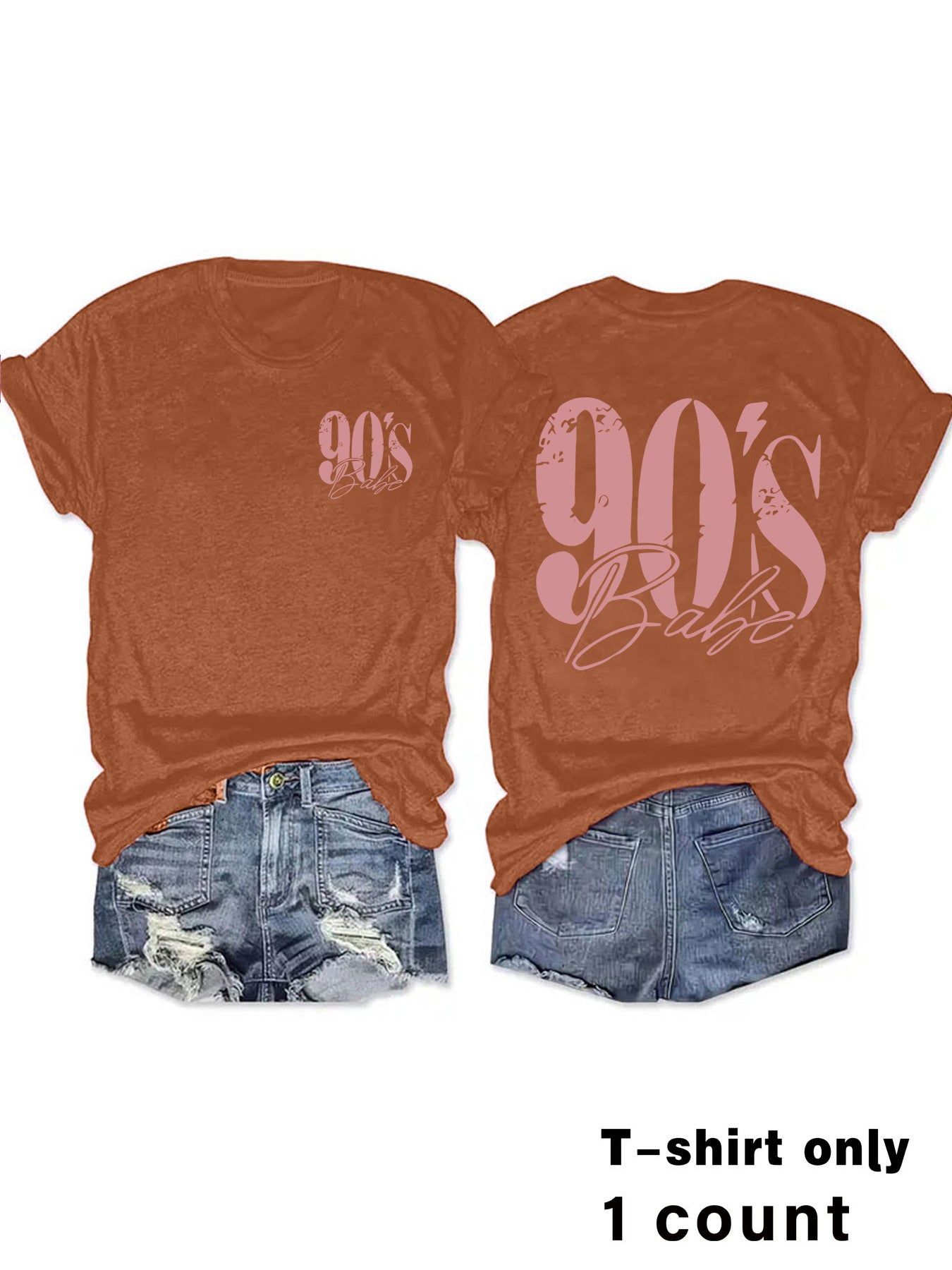 Eenvoudige Stijlvolle Effen Kleur Casual Ronde Hals T-shirt met Bedrukte Jaren 90 Print en Korte Mouwen voor Dames/Meiden & Plus-Size