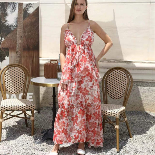 Stijvolle Eenvoudige Diepe V-hals Bloemenprint Maxi-jurk met Spaghetti-bandjes voor Dames & Plus-size