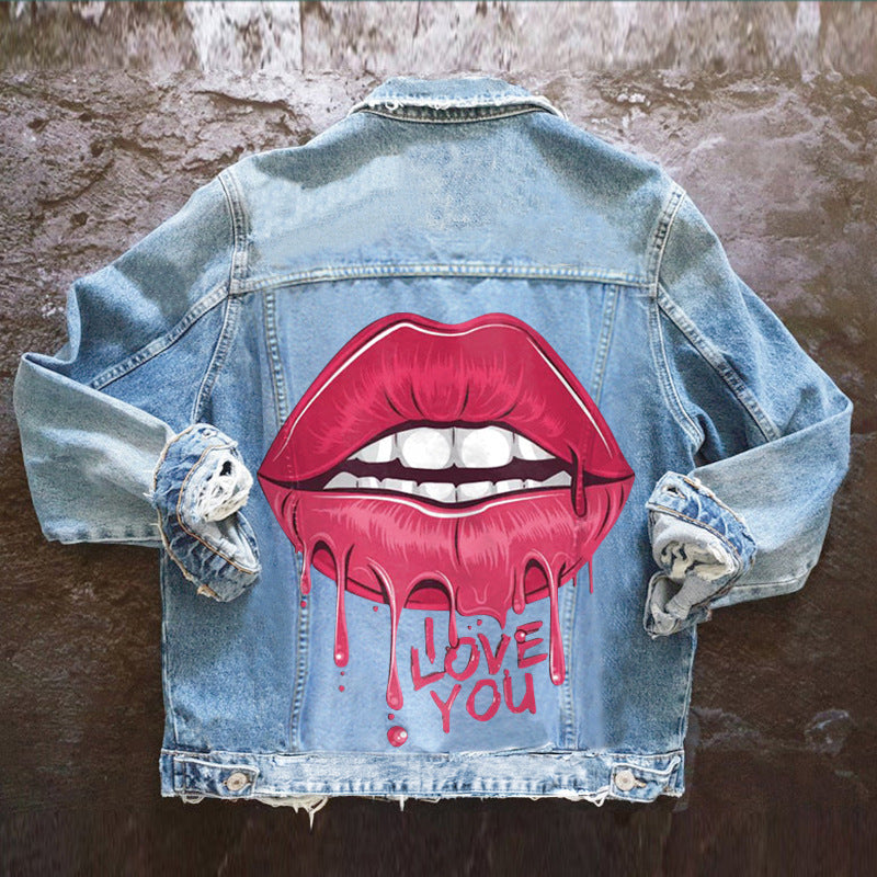 Amerikaanse Fashion Trendy Spijkerjacket met Big Lips Cartoon voor Unisex Jong & Oud