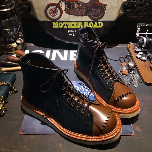 Amerikaanse Uniek Stijl Casual Retro Tweekleurige Laarzen van Echt Leer met Vetersluiting en Ronde Neus voor Heren