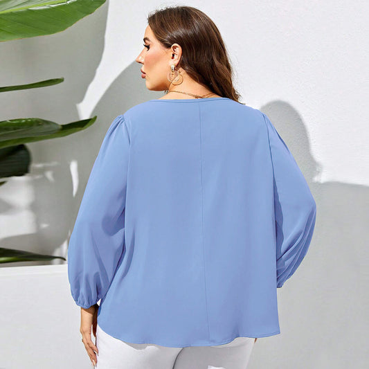 Amerikaanse Elegante Casual Effen Kleur Oversized V-hals Shirt met Lange Mouwen voor Plus-size