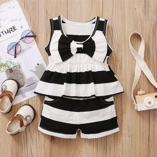 Europese en Amerikaanse Stijl 2-delige Set Gestreepte Tanktop met Strik & Gestreepte Korte Broek voor Baby's/ Peuters