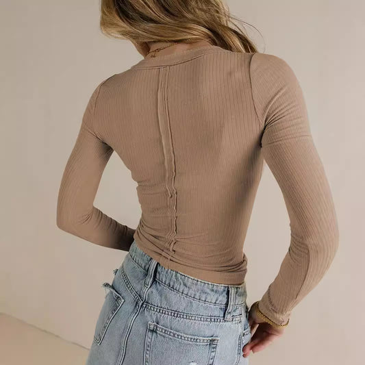 Europese Casual Slim-fit Geribbelde Smalle Schouders Top in Effen Kleur met V-hals en Lange Mouwen voor Dames