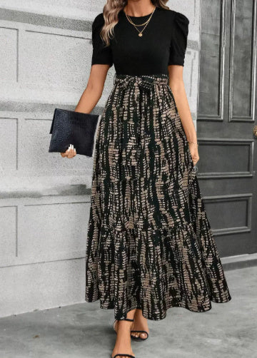 Elegante Casual Bloemenprint A-lijn Maxi-jurk met Ronde Hals en Korte Mouwen voor Dames & Plus-size