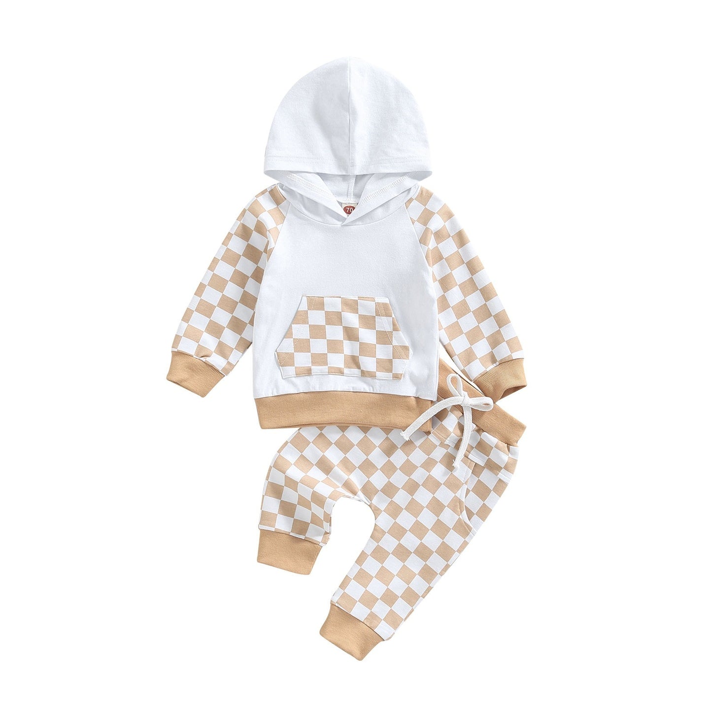 2-delig Set Casual Hoodie met Geruite Patchwork & Geruite Broek voor Peuters/Kinderen