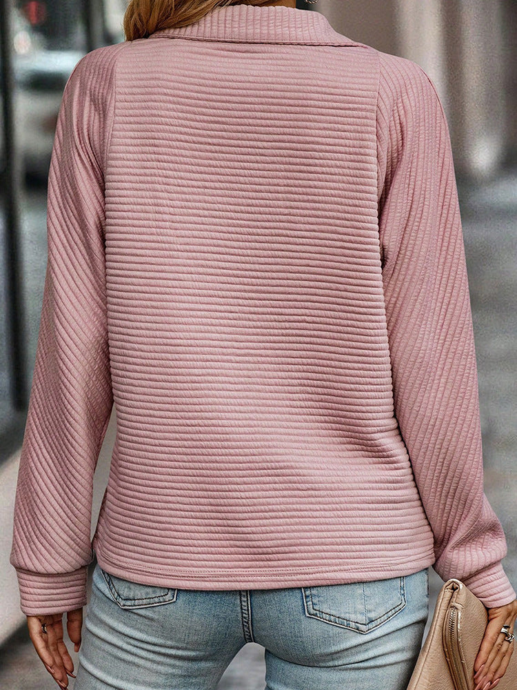 Stijlvolle Designer Casual Effen Lange Mouw Gestreepte Trui met Openstaande Kraag en Halve Rits voor Dames & Plus-size