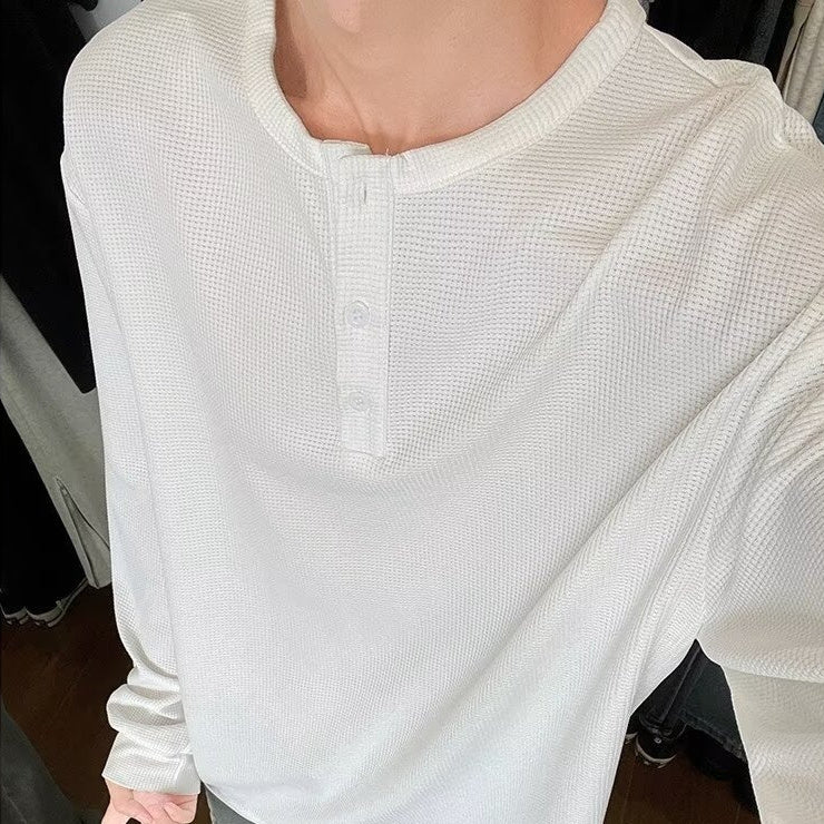 Amerikaanse Modieuze Casual Effen Kleur Henley Long Sleeve Ronde Hals Shirt met Lange Mouwen en Halve Knoopsluiting