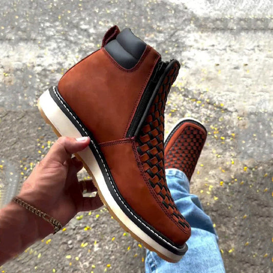 Europese en Amerikaanse Retro Handgeweven Geruite Cowboylaars van Echt Leer in Western Stijl met Ritssluiting aan Zijkanten voor Heren