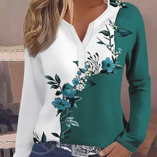 Amerikaanse Modieuze Oversized All-match Trendy V-hals Long-Sleeve Shirt met Geometrisch Patroon voor Dames & Plus-size
