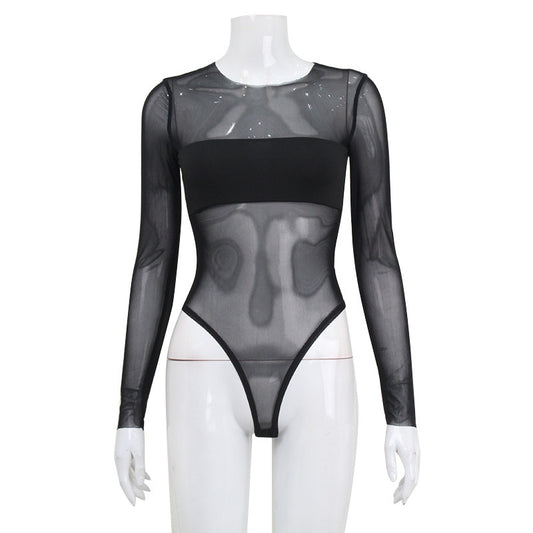 Amerikaanse Modieuze Afslankende Sexy Lange Mouwen Body-jumpuit van Mesh met Patchwork voor Dames