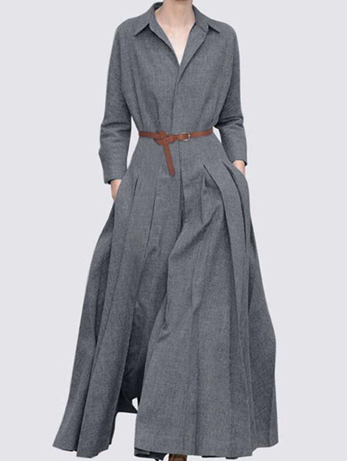 Elegante Casual/Business Kantoenen Linnen in Effen Kleur Revers Maxi-jurk met Lange Mouwen en Riem voor Dames & Plus-size