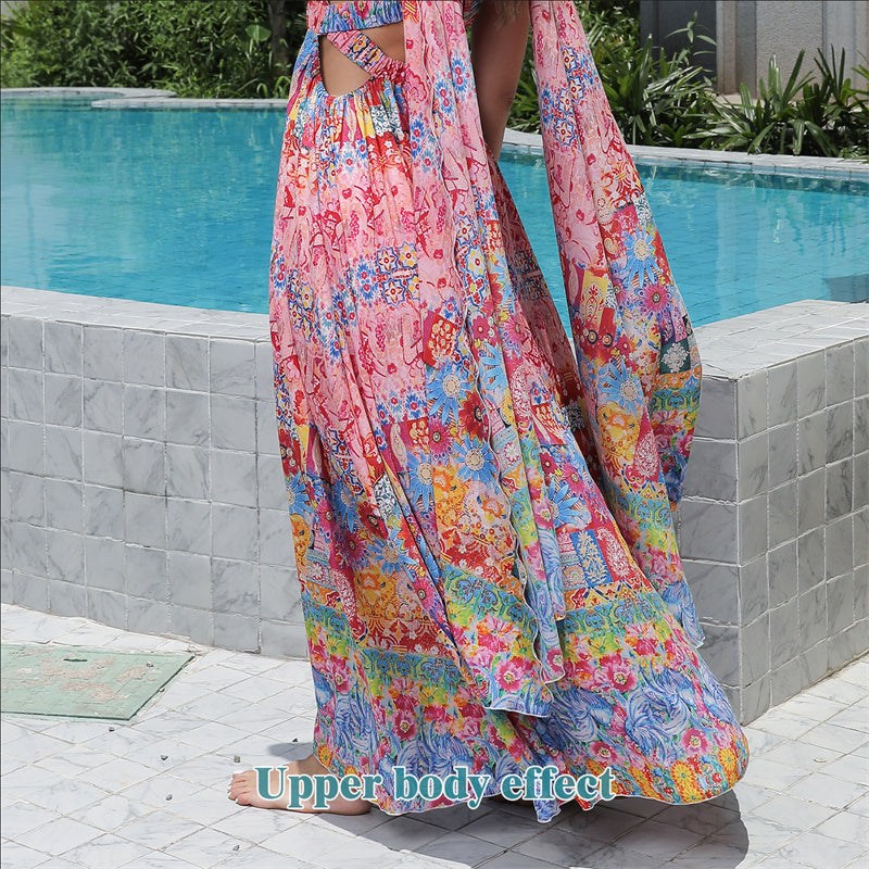 Elegante Mouwloze Bloemenprint Boho Maxi-jurk met Kruisbandjes voor Dames & Plus-size