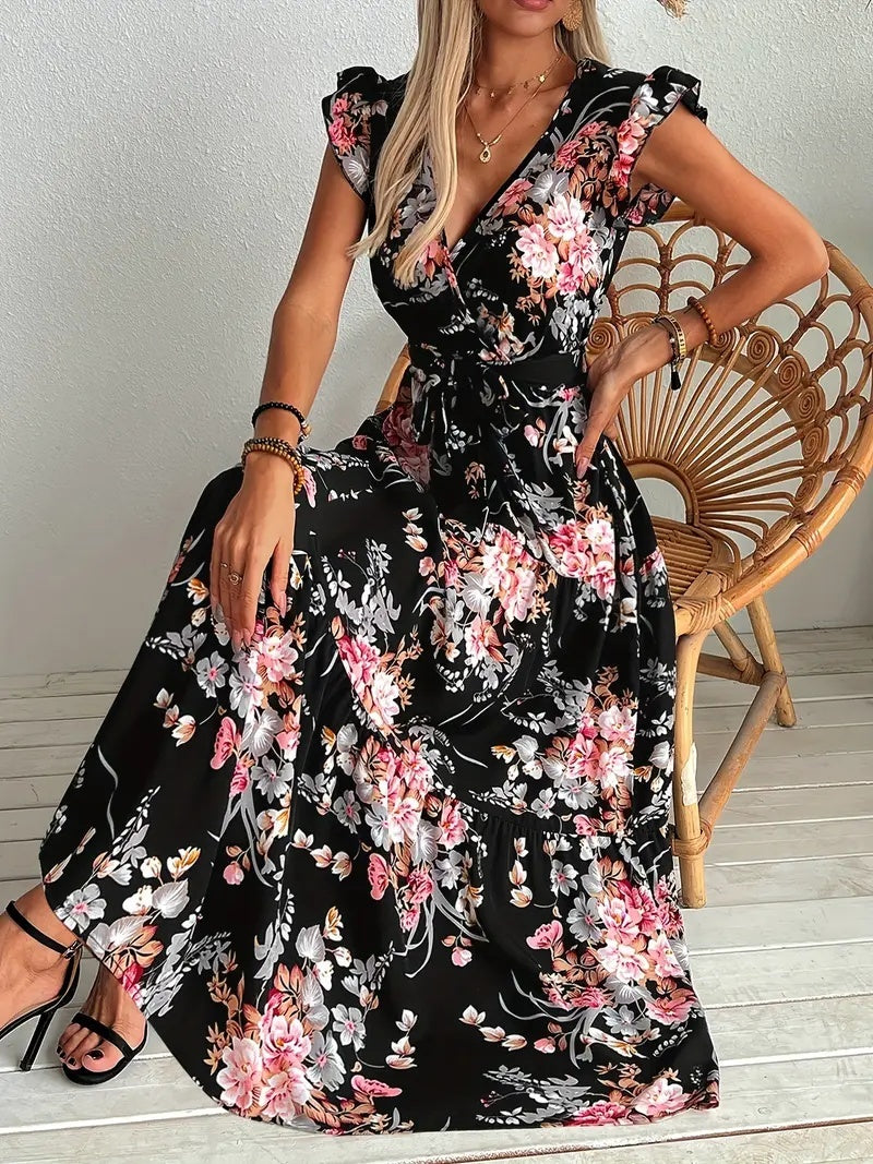 Elegante Zwarte Bloemenprint Maxi-jurk met V-hals en Korte Mouwen voor Dames & Plus-size