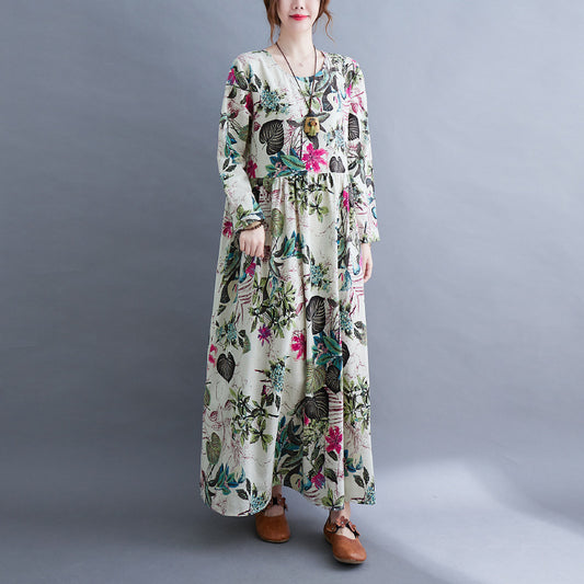 Literaire Stijl Oversized Bloemenprint Katoenen Maxi-jurk met Lange Mouwen en Ronde Hals voor Dames & Plus-size