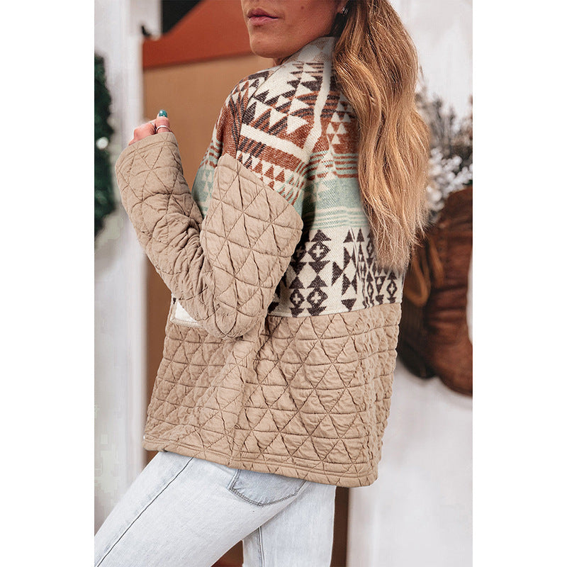 Europese en Amerikaanse Casual Losse Quilted jacket met Ritssluiting en Aztekenpatroon voor Dames