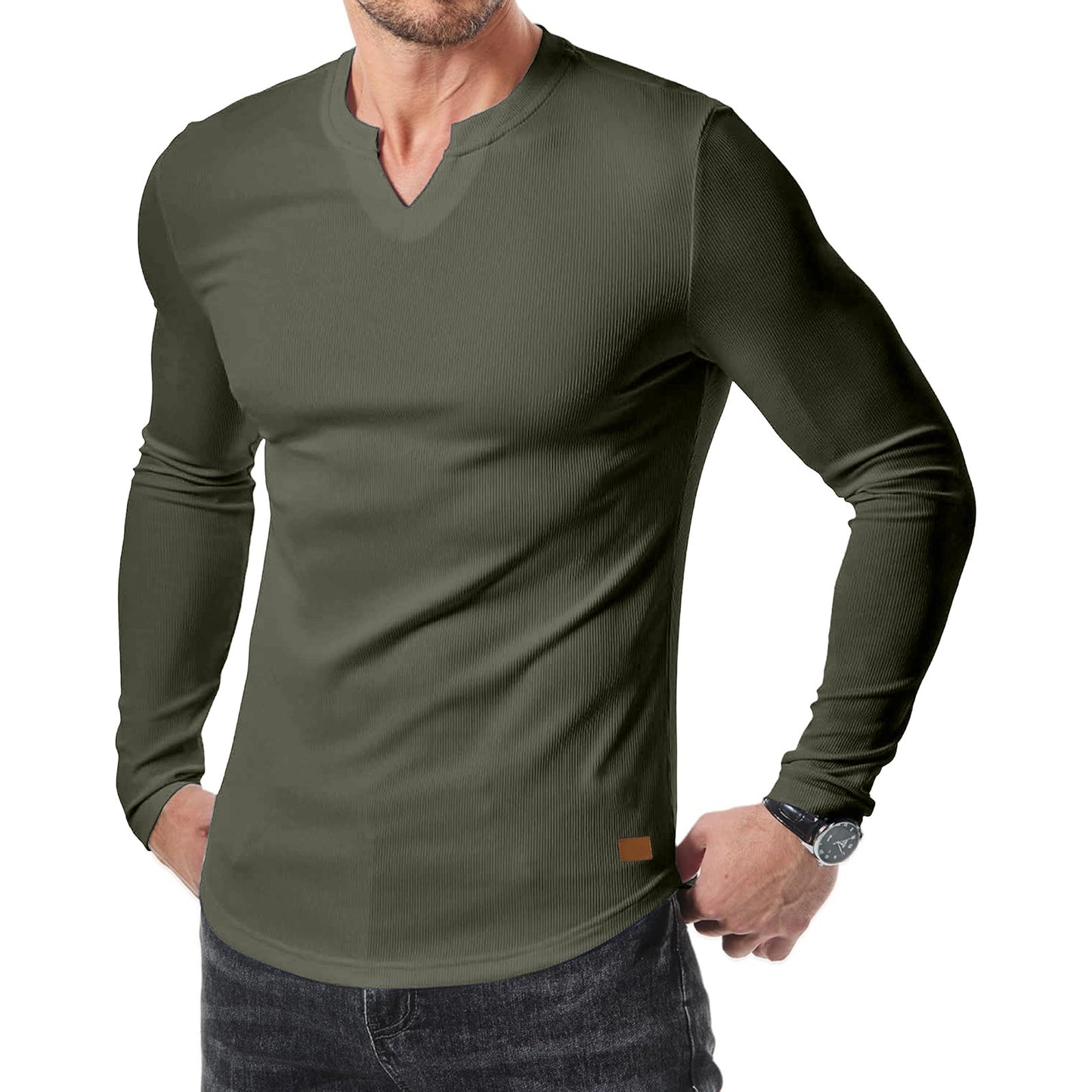 Fashion Casual Effen Kleur Slim Fit T-shirt met Kleine V-hals en Lange Mouwen voor Heren & Jongens
