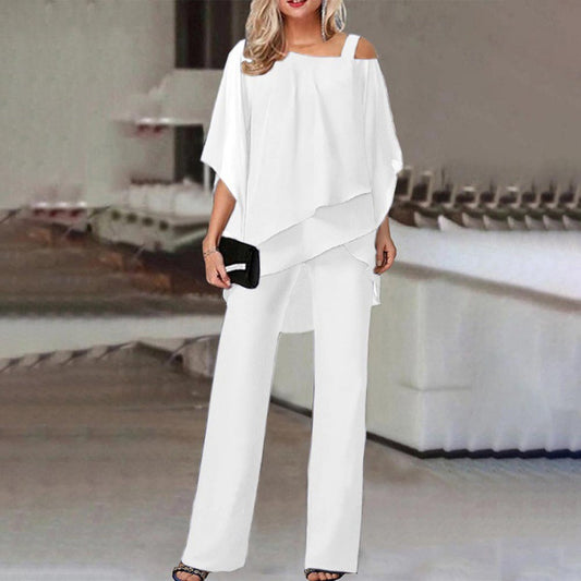 Elegante Stijlvolle Effen Kleur 2-delige Outfit * Oversized Off-Shoulder Top met Vleermuismouwen & Rechte Wijde Pijpen Broek voor Dames/Plus-size & Meiden