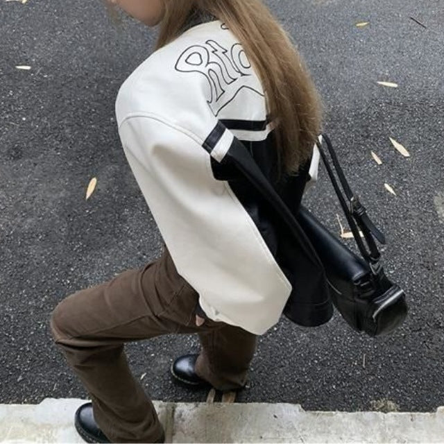 Populaire Locomotive Amerikaanse Retro Contrasterende Kleur Jacket van PU-Leer voor Dames